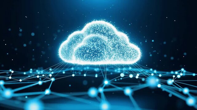 Cloud computing data network floating above a glowing connection grid against a deep blue background for professional digital marketing.