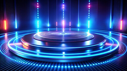 Circular stage with glowing neon blue and red lights, set in a dark futuristic environment
