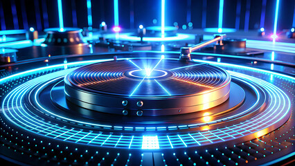 Close-up of a retro DJ turntable with glowing blue neon rings and digital grid lines