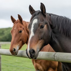 Fototapeta premium Two horses standing behind a fence in a green field