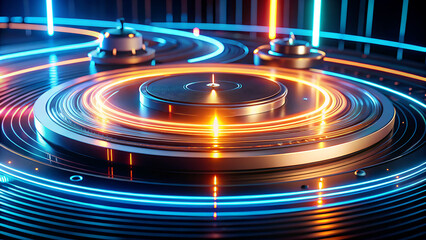 Modern DJ booth with turntable and glowing orange and blue neon circles, club interior