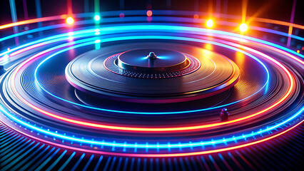 Close-up on a DJ turntable with pulsating neon rings of pink, blue, and red light