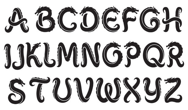 Alphabet letters designed as mythical dragons with scales and horns, a unique font for fantasy themes.