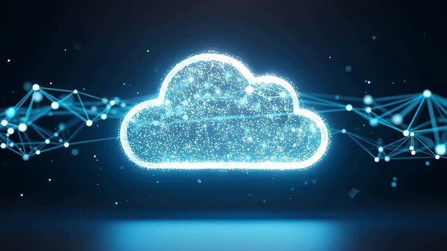 Abstract digital cloud formed by glowing particles interconnected on a dark blue network background, suitable for tech websites.