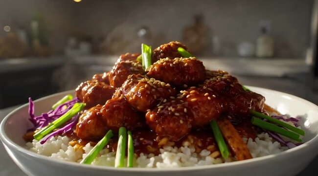 Steaming hot General Tso's chicken served over white rice, garnished with vibrant green onions and crunchy red cabbage, highlighting a classic Asian-inspired meal in a warm, inviting kitchen setting