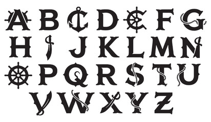 Pirate-themed alphabet letters with nautical and weapon elements. © Riki