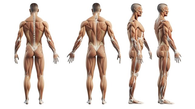 Male anatomy muscular system five views isolated body