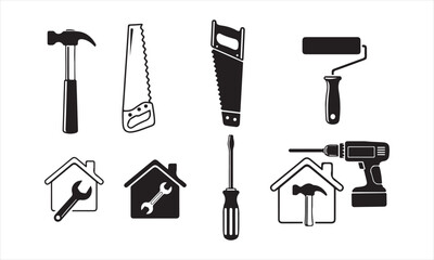Fototapeta premium Black and white illustration of various home repair and construction tools