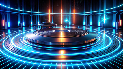 Futuristic DJ setup with glowing neon lights and a vinyl record player, evoking a high-energy atmosphere for music and entertainment.