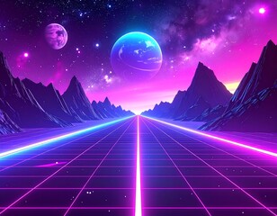 Neon lit landscape with mountains, grids, planets, and starry skies