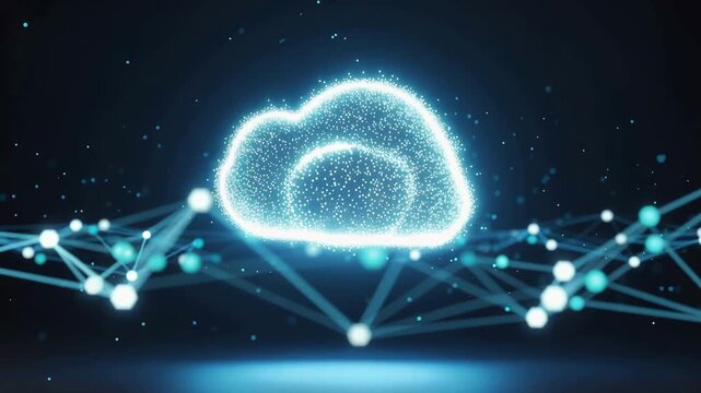 Digital cloud computing symbol floating over a glowing network connection on a dark blue background for modern tech projects.