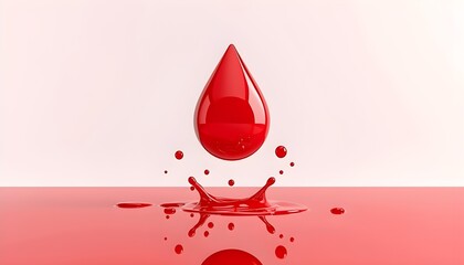 Fototapeta premium A large red water droplet is suspended in mid-air above a pool of liquid with splashes and ripples on the surface.