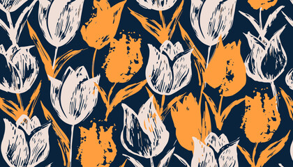 Naklejka premium Vibrant floral pattern with white and orange tulips on dark blue background