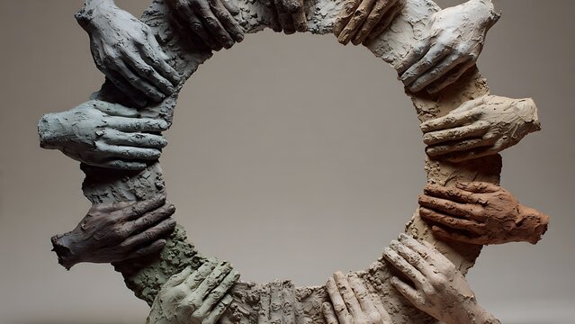 End racism concept with diverse hands forming a unity circle frame