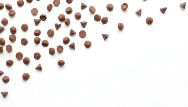 Chocolate chips and chocolate drops scattered on a white surface on transparent background