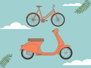 A cartoon illustration of a bicycle and scooter on a pastel background with clouds and leaves.