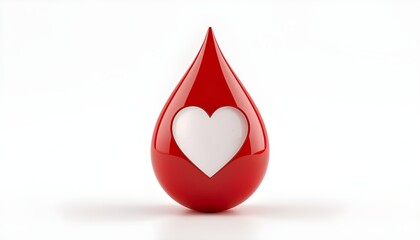 A red blood drop with a white heart symbol on a plain white background