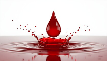 Obraz premium A single red waterdrop creates ripples in a pool of liquid on a white background