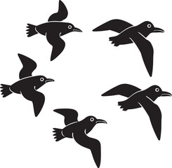 Obraz premium Four silhouettes of birds captured in dynamic mid-flight poses against a plain background Vector