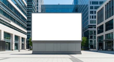 Obraz premium Empty billboard display centered on sleek glass commercial complex creating professional outdoor marketing and branding mockup scene
