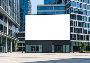 Obraz premium Empty billboard display centered on sleek glass commercial complex creating professional outdoor marketing and branding mockup scene