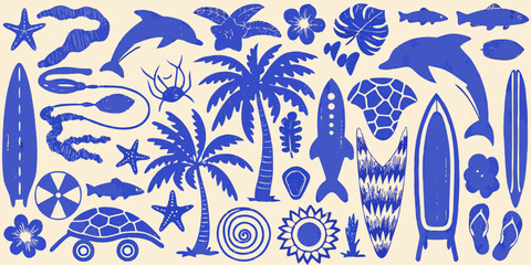 Blue silhouettes of marine life tropical plants and surfing essentials © Pali