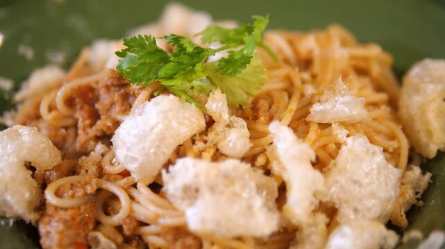 Spaghetti with Thai Nam Prik Ong Northern Style Fusion Pasta Close Up