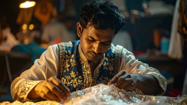 Indian artisan meticulously hand-stitching intricate traditional garment details