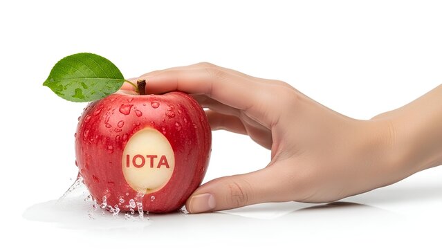 Hand Washing a Red Apple with IOTA Logo.