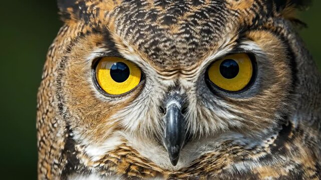 Close up of a great horned owl's intense yellow eyes.