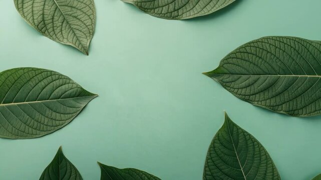 Close up of lush green leaves arranged in a circular pattern on a turquoise surface. The intricate veins of the leaves are clearly visible, creating a sense of natural beauty and texture