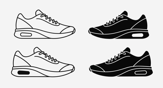 Running shoes icon set featuring sport sneaker variations. Collection includes outline sneaker design and solid black silhouette sneaker.