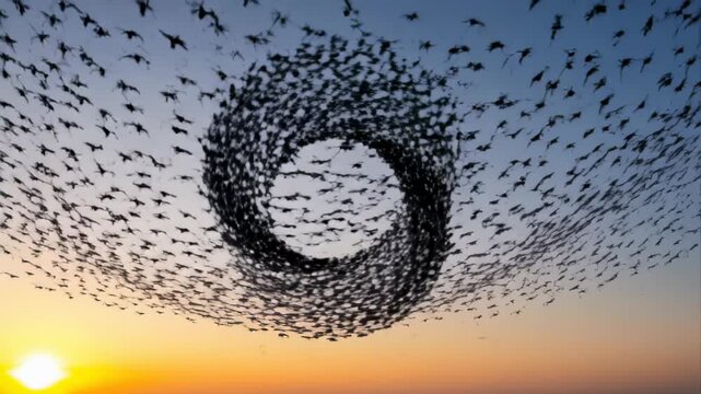 A murmuration of starlings forms a perfect circle in the sky at sunset.