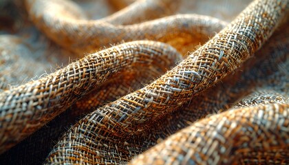 Macro shot revealing a textured, folded textile in varying shades of brown and orange with visible woven fibers. The fabric is tightly knit