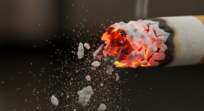 Cigarette burning with ash falling apart.