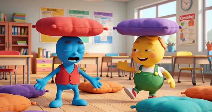 Colorful animated characters balancing pillows in a vibrant classroom setting with playful decor