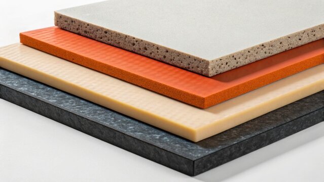 Four stacked sheets of composite materials with varied textures and colors, displayed on a white background.