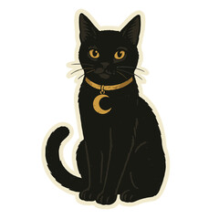 Fototapeta premium Cute Witchy Black Cat with Crescent Moon Collar Sticker | Adorable Black Cat Moon Collar Witchcraft Sticker Design | Kawaii Witch Black Cat Wearing Crescent Moon Collar Sticker | Magical Cute Black