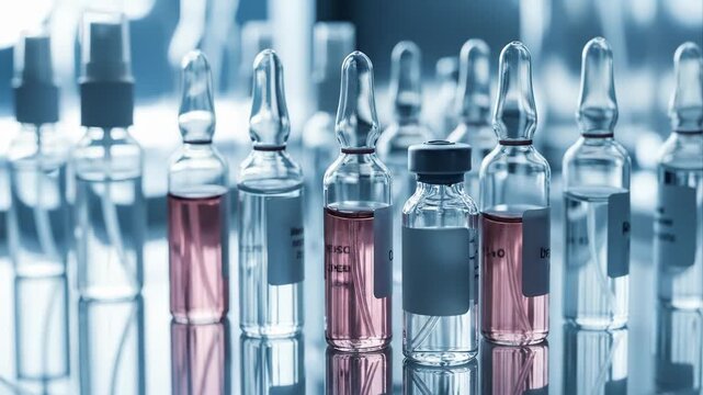 Row of glass ampoules and vials containing medicine in a research laboratory setting.