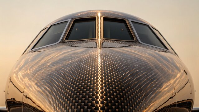 Close-up of a sleek, futuristic airplane nose with a reflective carbon fiber surface and cockpit windows at sunset.