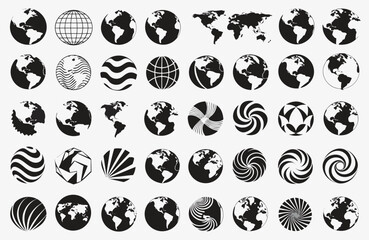 Obraz premium Collection of black and white globe icons and world map symbols