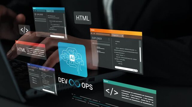 Futuristic DevOps Concept Illustrating Software Development with AI Integration and Simulated Coding Interfaces in a Professional Workspace Gluon.