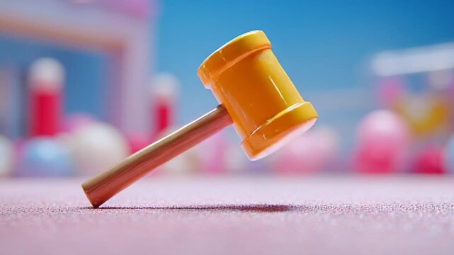 Yellow Gavel on Pink Surface with Blurred Background Objects