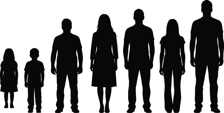 Black Silhouettes of People of Different Ages and Heights Standing in a Row from Children to Adults on White Background