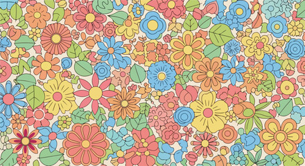 A vibrant, colorful floral pattern with overlapping blooms and leaves