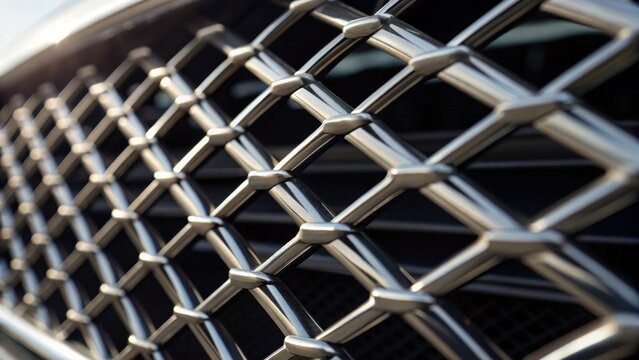 Close-up of a shiny, metallic car grille with a geometric mesh pattern reflecting light.
