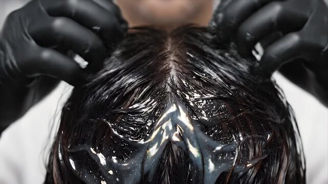 Close up of stylist applying hair dye to dark brown hair with black gloves in salon soft focus background