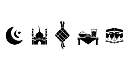 Fototapeta premium Minimalist black silhouette icon set featuring Islamic symbols including crescent moon, mosque, ketupat, iftar table, Kaaba, Zamzam bottle, prayer mat, tasbih beads, Quran, lantern, and Arabic coffee 