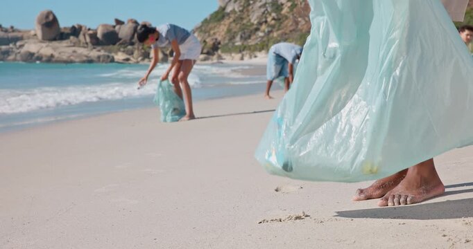 Beach, cleaning and hands of person with litter, plastic bottle and collect rubbish for recycling. Volunteer, nature and people with trash bag for garbage, pollution and dirt for environmental care