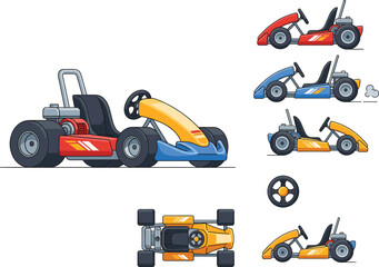 Fototapeta premium Professional Go-Kart Racing Vector Set with Multiple Colorful Karts, Top-Down Perspective, Steering Wheel, and Speed Motion Lines for Competitive Motorsports and Gaming Design